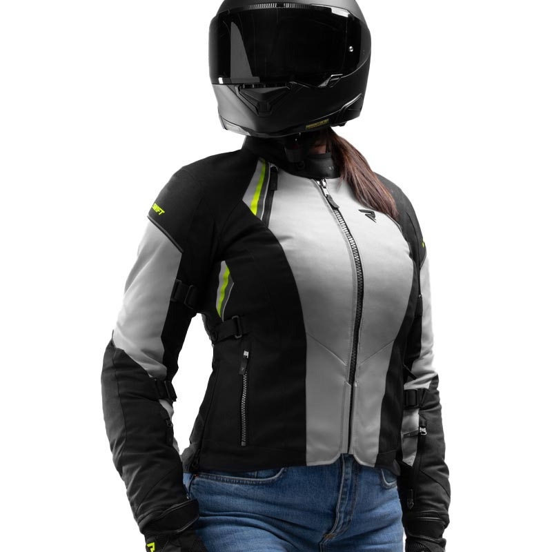 Ženska motociklistička jakna Rebelhorn Swift svijetlo sivo-fluo žuta