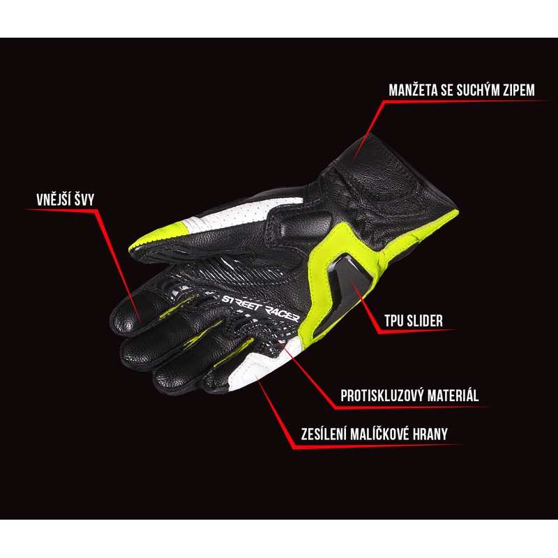 Street Racer XTR motociklističke rukavice crno-bijele-fluo žute rasprodaja
