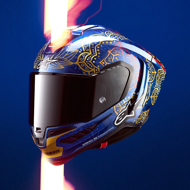 Integralna motociklistička kaciga Alpinestars Supertech R10 Marthainator limited edition JORGE MARTIN plava biserno zlatna crvena