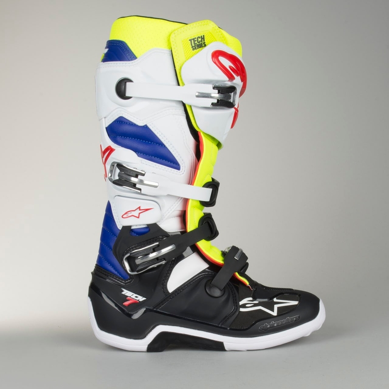 Alpinestars Tech 7 motorističke čizme bijelo-crno-plavo-crveno-fluo žuto