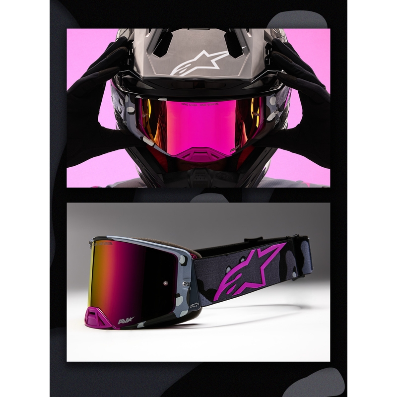 Alpinestars Supertech Lone ljubičaste maskirne motokros naočale s ružičastim pleksiglasom od zrcala