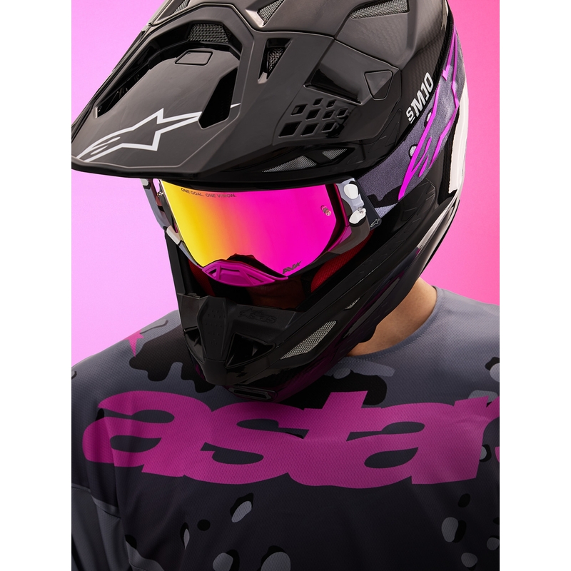 Alpinestars Supertech Lone ljubičaste maskirne motokros naočale s ružičastim pleksiglasom od zrcala