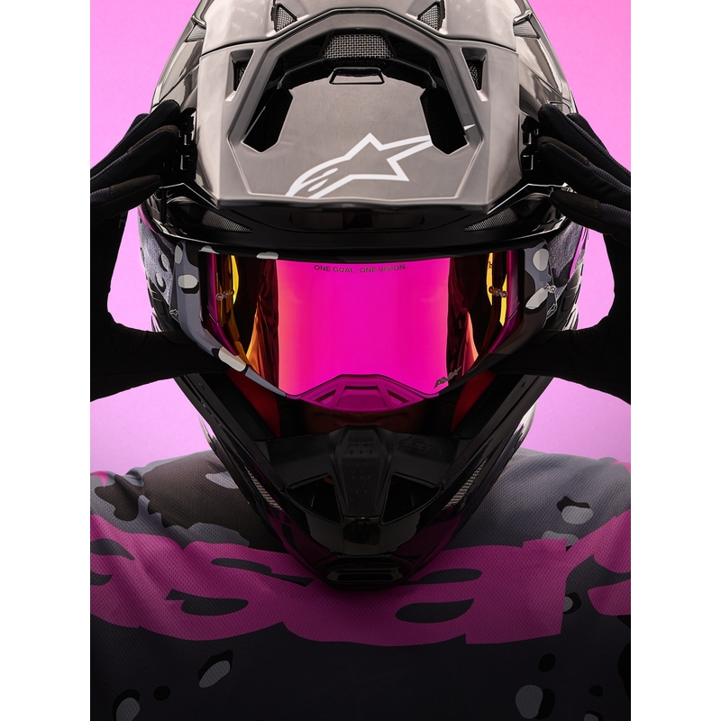 Alpinestars Supertech Lone ljubičaste maskirne motokros naočale s ružičastim pleksiglasom od zrcala