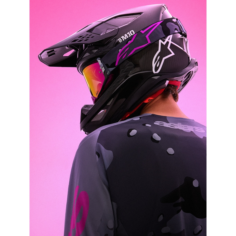 Alpinestars Supertech Lone ljubičaste maskirne motokros naočale s ružičastim pleksiglasom od zrcala
