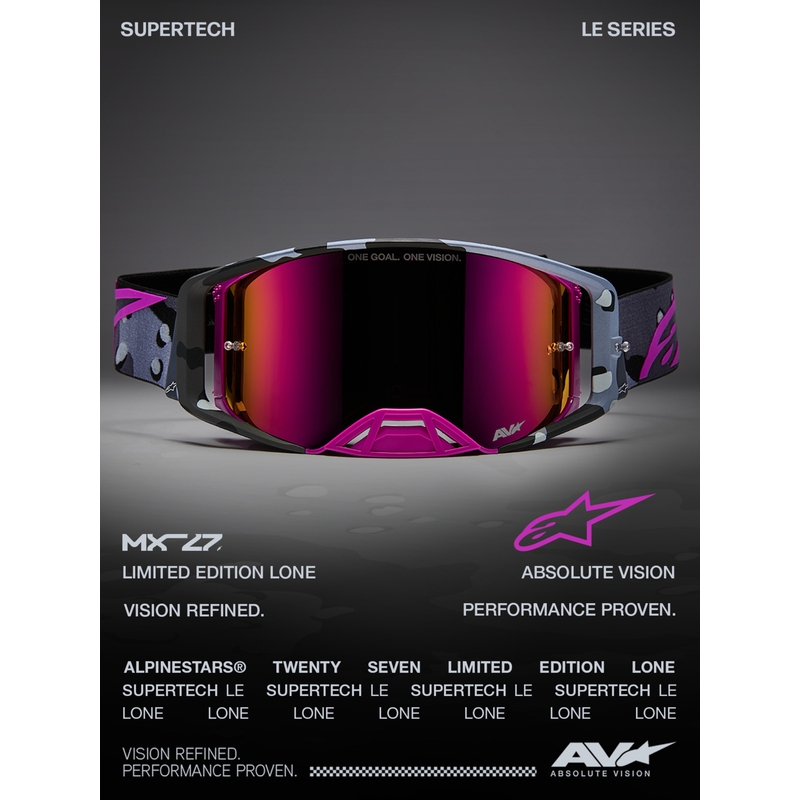 Alpinestars Supertech Lone ljubičaste maskirne motokros naočale s ružičastim pleksiglasom od zrcala