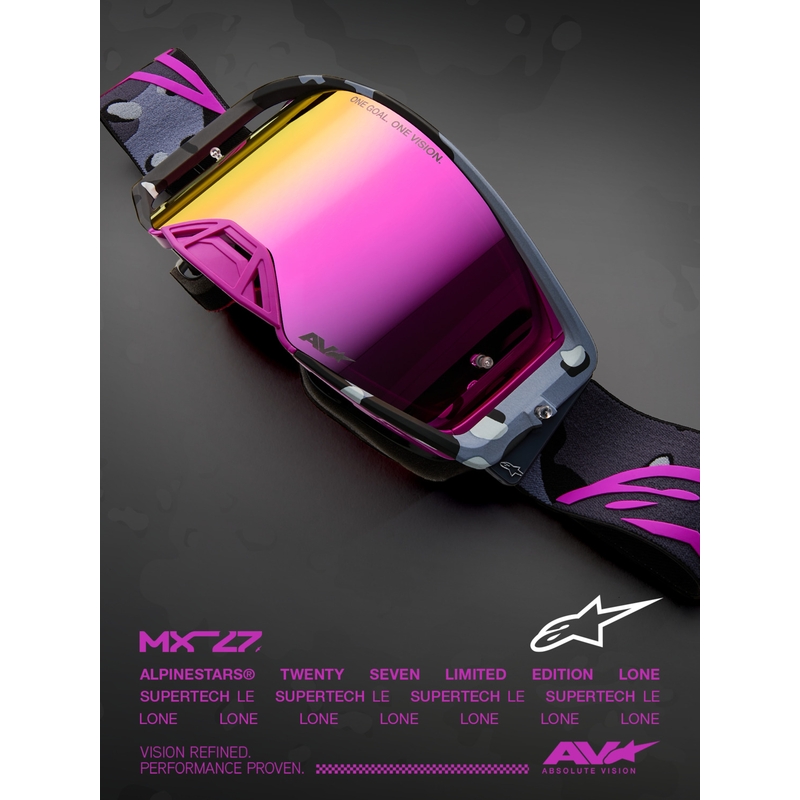 Alpinestars Supertech Lone ljubičaste maskirne motokros naočale s ružičastim pleksiglasom od zrcala