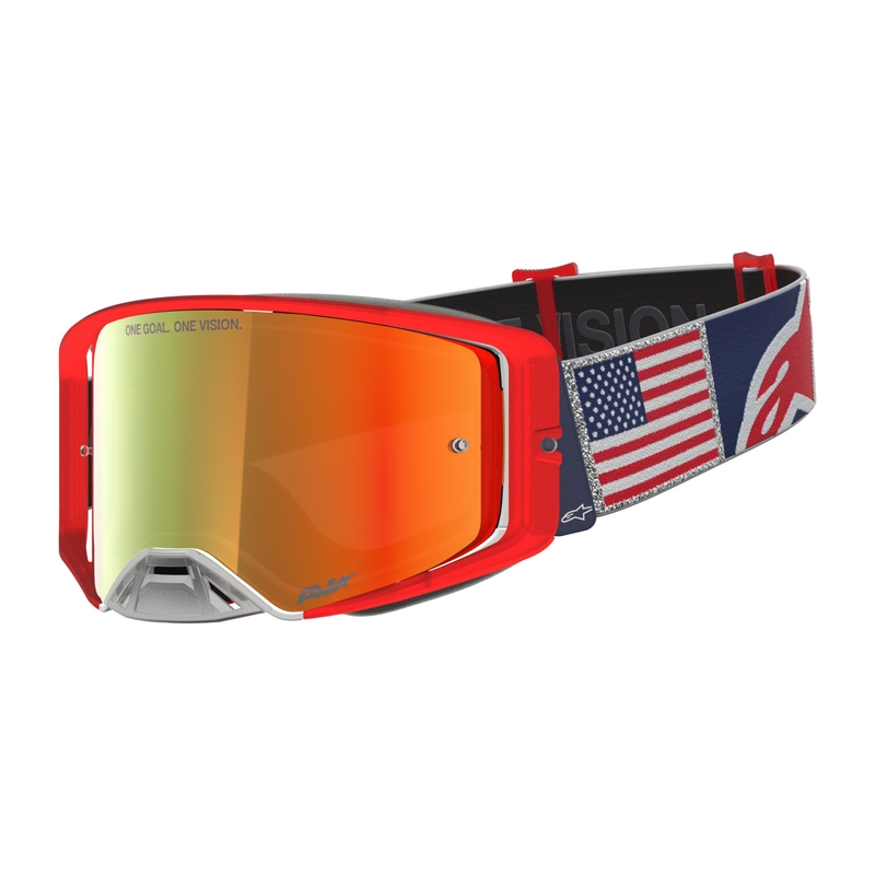 Alpinestars Supertech Fiftyfold motokros naočale plavo-crveno-bijele s crvenim zrcalnim pleksiglasom