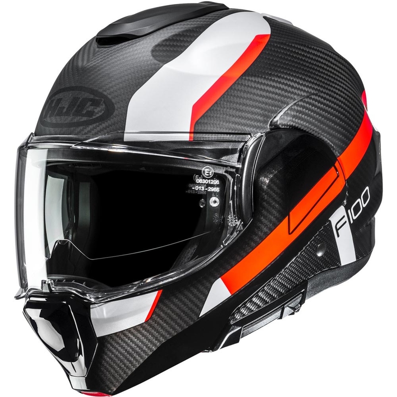 Preklopna motociklistička kaciga HJC F100 Carbon Askan MC6HSF crno-narančasto-bijelo-crveno