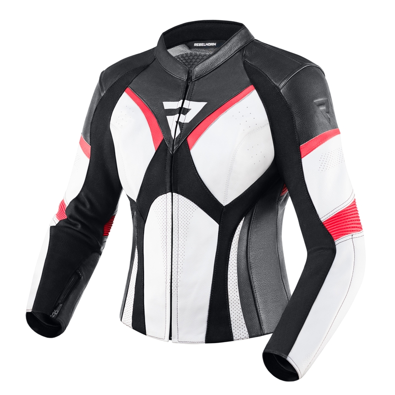 Ženska motoristička jakna Rebelhorn Rebel crno-bijela-fluo crvena rasprodaja
