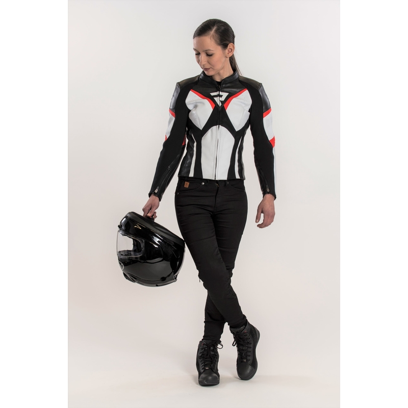 Ženska motoristička jakna Rebelhorn Rebel crno-bijela-fluo crvena rasprodaja