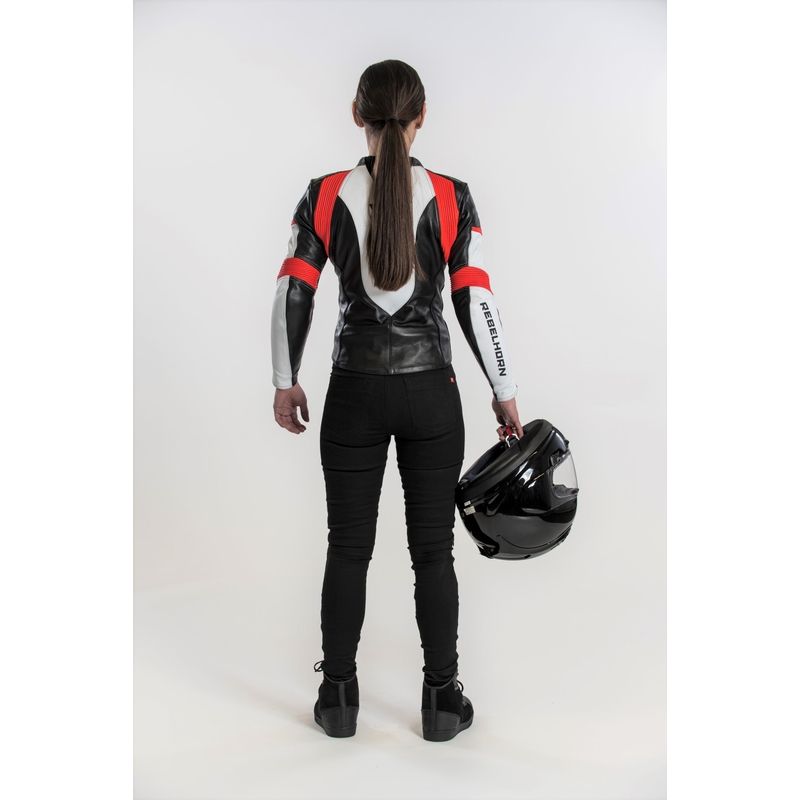 Ženska motoristička jakna Rebelhorn Rebel crno-bijela-fluo crvena rasprodaja