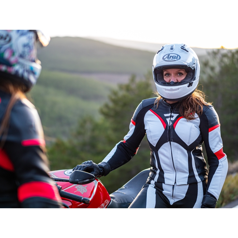 Ženska motoristička jakna Rebelhorn Rebel crno-bijela-fluo crvena rasprodaja