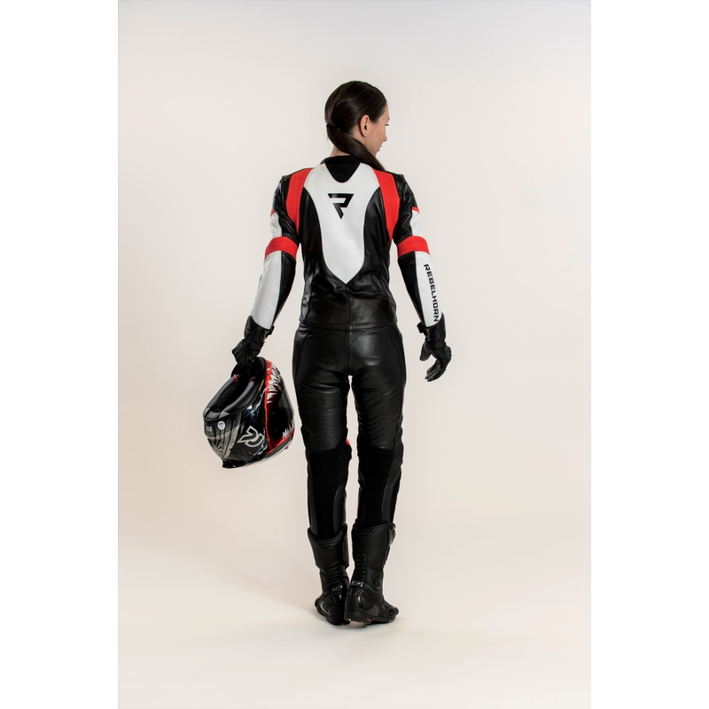 Žensko moto odijelo Rebelhorn Rebel crno-bijelo-fluo crveno rasprodaja